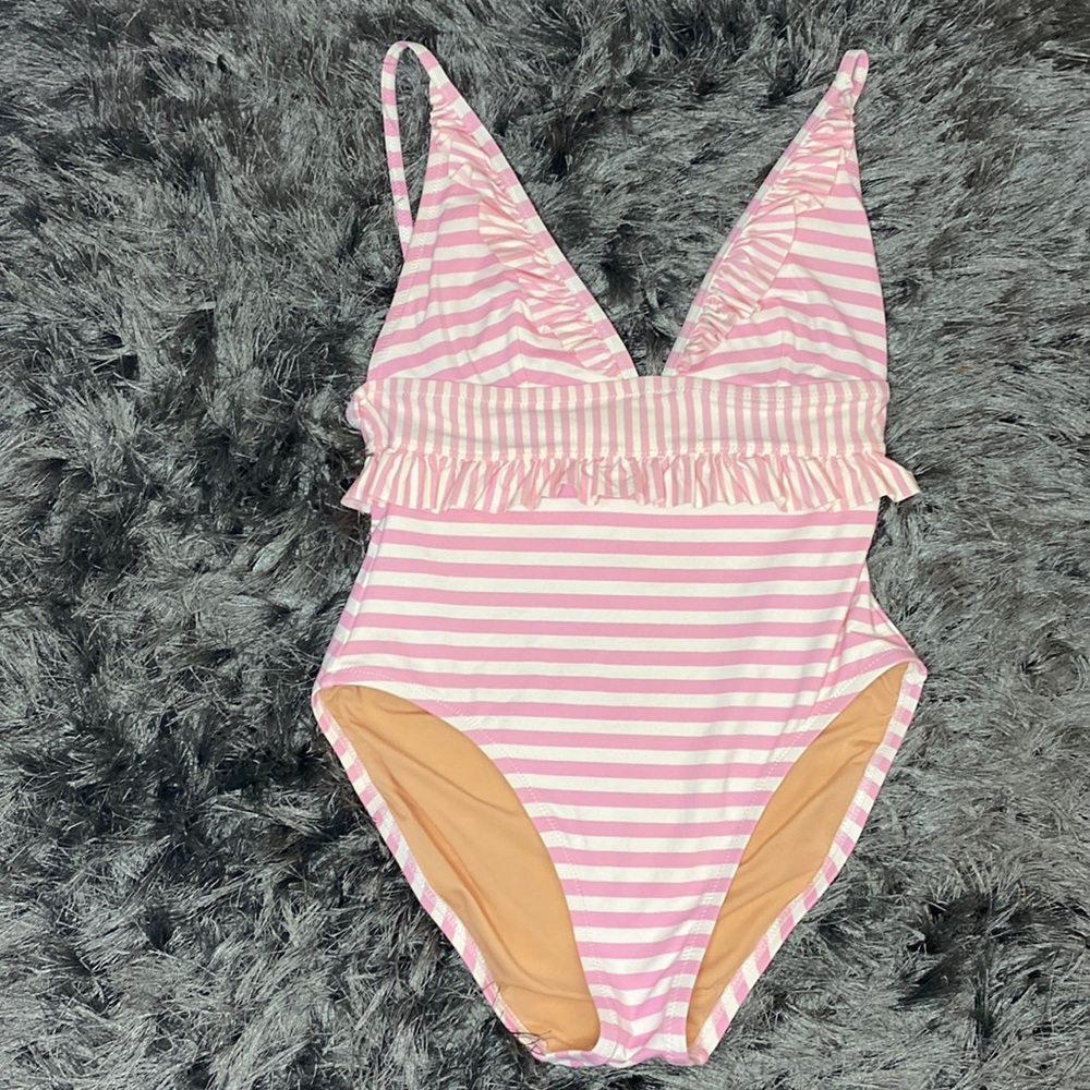 J.Crew Ruffle plunging one-piece swimsuit in mixed stripe |